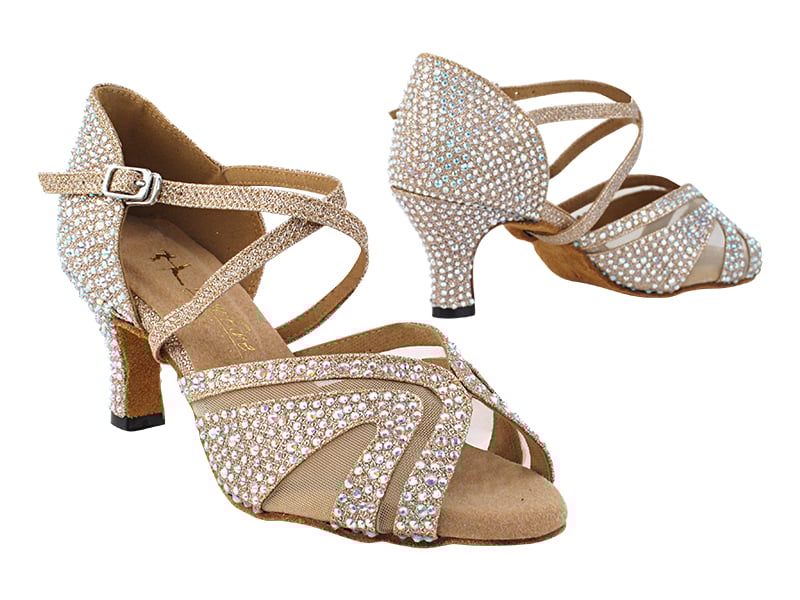 3036Bling Ladies Champagne Glitter Satin & Mesh Latin Dance Shoes