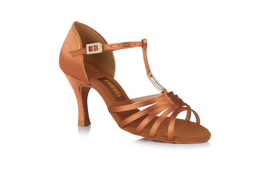 Holly T-Bar Latin Shoes - Dark Tan Satin 2.5"